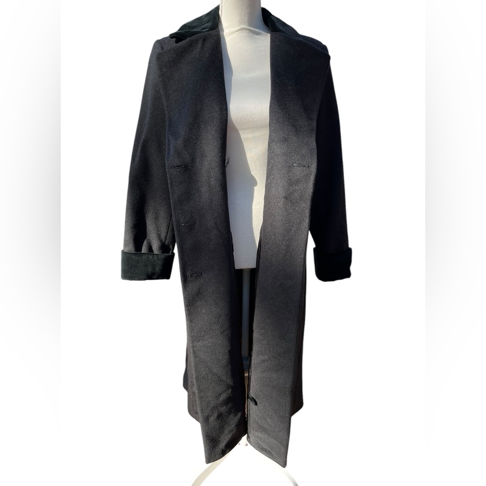 Liz Claiborne 100% Wool Long Coat Petite 12P Velvet Trim Double Breasted - Picture 6 of 17